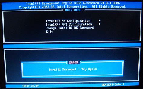 This will reset the computer back to a factory new state allowing you to use the default password to access the Intel&174; Management Engine and Intel&174; Active Management. . Intel management engine bios extension default password